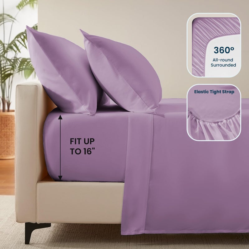 SLEEP ZONE Nanotex Super Soft Cooling King Bed Sheets Set 4 Piece - Easy Care Fitted Flat Sheet & Pillowcase Sets - Wrinkle Free, Fade Resistant, Deep Pocket 16" (Lavender, King) - Image 5